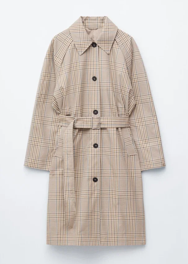 Trenchcoat mit kariertem Muster und Schnallengürtel Trenchcoat mit kariertem Muster und Schnallengürtel
